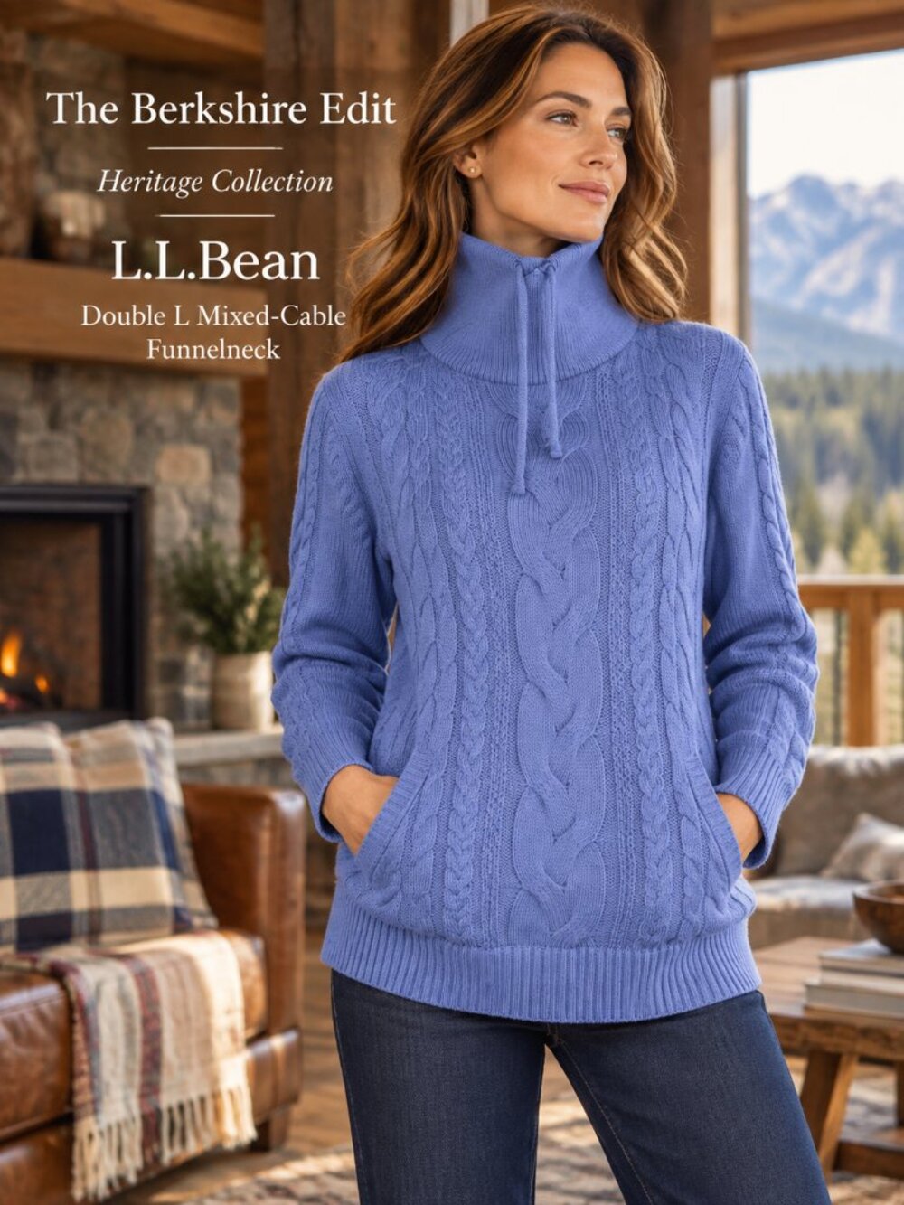L.L.Bean Double L Mixed Cable Funnel Neck Sweater Periwinkle Cotton MP Petite